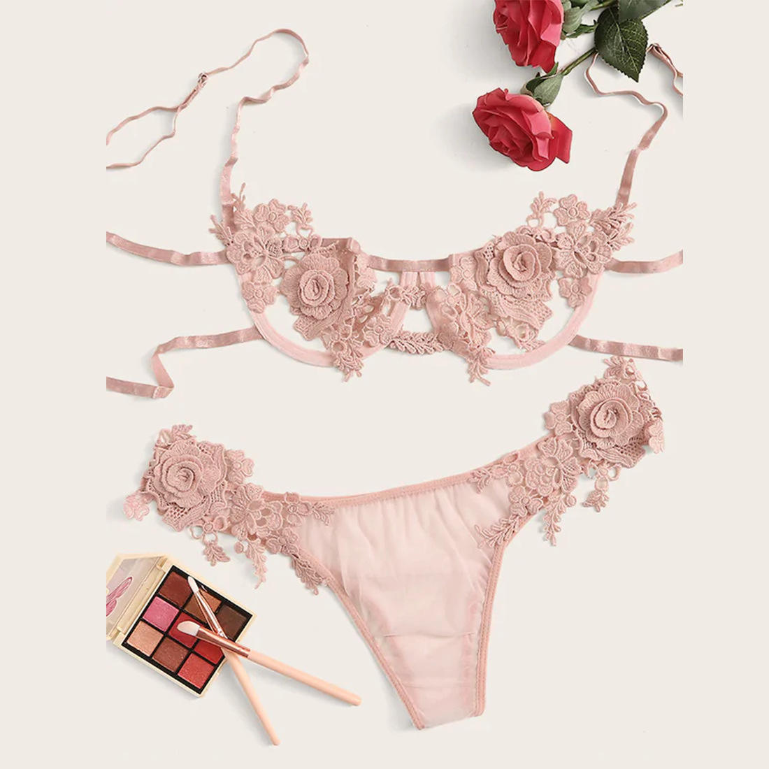 Floral Embroidered Lace Underwire Lingerie Set Sexy Hot XL Size Spandex Panty Fashionable Girl's Lingerie with ODM Bag Packaging