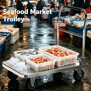 Chariot de manutention pliable en acier inoxydable de qualité alimentaire avec roues amortissantes pour cuisine et marché des fruits de mer - Product Image 1
