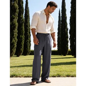FOXA Mens Casual Pants Straight Leg Elastic Waist <b>Drawstring</b> <b>Trousers</b> With Pockets Breathable Cotton Fit - Product Image 5