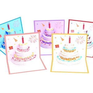 بطاقة عيد ميلاد سعيد ثلاثية الأبعاد, بطاقة عيد ميلاد سعيد مصنوعة يدويًا الملونة لطيف كعكة المنبثقة بطاقات المعايدة للأطفال هدية