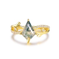 Bague en argent sterling 925 avec agate mousse taille cerf-volant, ensemble de bijoux, bagues de fiançailles en quartz vert naturel