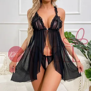 Da donna sexy in maglia nera lingerie babydoll baciami angelo profondo scollo a V trasparente senza ferretto lingerie sexy ultra-sottile