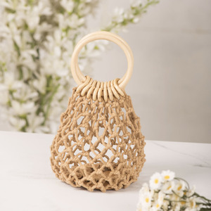 Hollowed Out <b>Fishnet</b> Women's Tote Bag Cotton Weaving Cylindrical Shape Off White Brown Everyday Use Spring 2025 - Product Image 2