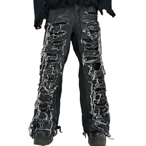 DIZNEW Bulk wholesale handmade men's catwhiskers jeans 2024 Street style ripped bell bottom jeans