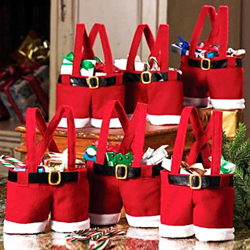 Pantalones de Papá Noel con decoraciones navideñas, bolsa de regalo para botellas de vino
