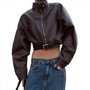 Blouson court en PU tissé pour femme, printemps-automne, avec fermeture éclair sur le devant, col à volants, couleur unie, écologique, coupe ample, décontracté, long - Product Image 3