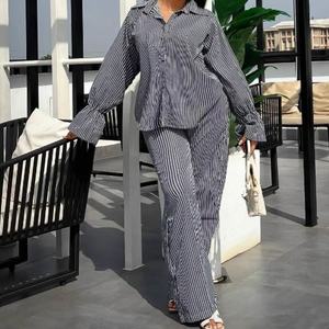 Women's Striped Button-<b>Down</b> Bell-Sleeve Long-Sleeve Shirt & Wide-Leg <b>Pants</b> African Casual 2-Piece Set Fashion - Product Image 2