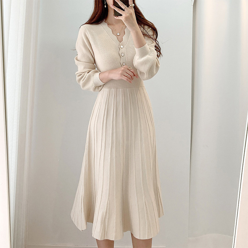 Korean Elegant Long Sleeve Midi Sweater Dress For Women Oem