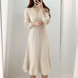 Korean Pleated Dress Long Sleeve Slim Woman Sweater Dresses Knitted Elegant Midi Party Woman Dress