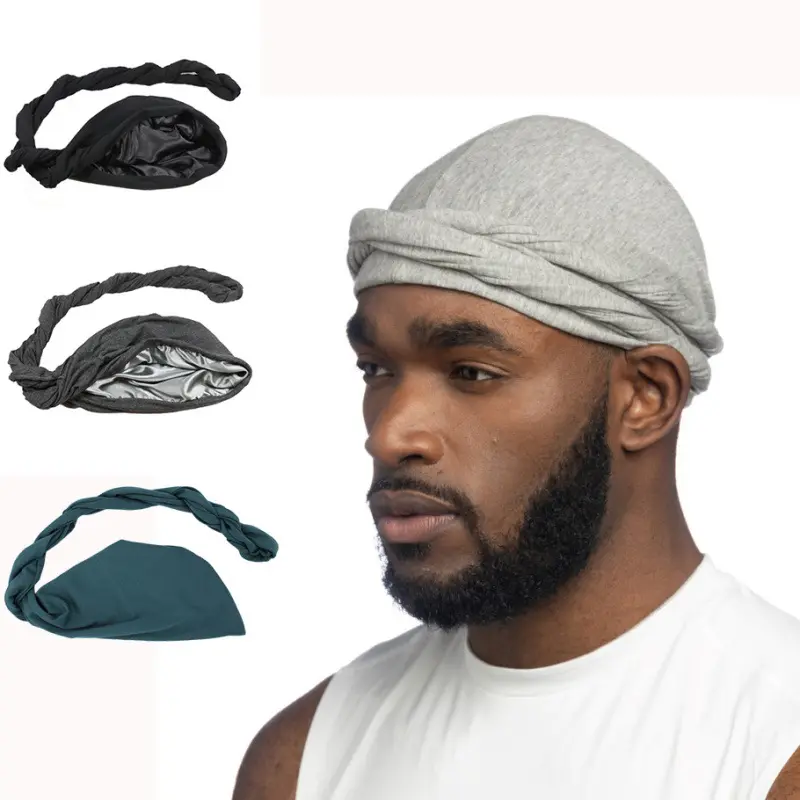 Wholesale African Men's Turban Head Wraps Solid Sport Durag Cap New Forehead Cross Elastic Indian Hat Satin Lined Head Wrap