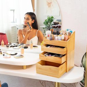 Bamboo Makeup Organizer <b>With</b> <b>Drawers</b> 5 Tier Desktop Storage For Cosmetic Beauty Tools And Skincare Products - Product Image 1