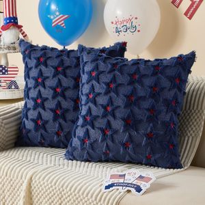 Наволочка для дивана/кресла с жаккардовым узором из мягкого плюшевого искусственного меха с синими звездами, декор ко Дню независимости, в стиле фермерского дома - Product Image 1