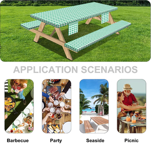 HuiHePicnic Table Cover avec banc couvre 3 pièces ensemble élastique ajusté Rectangle vinyle nappes <span class=keywords><strong>toile</strong></span> <span class=keywords><strong>cirée</strong></span> étanche pour l'<span class=keywords><strong>extérieur</strong></span> - Product Image 6
