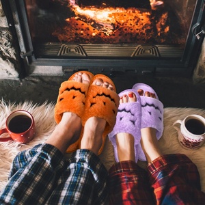 LinkBrand Halloween Plush Slippers Pumpkin Soft Cozy Open Toe <b>Indoor</b> Outdoor Slippers for <b>Women</b> - Product Image 2