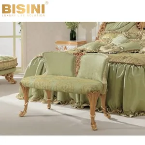 New Coming French Style Royal Palace Villa Bedroom Luxury Handcrafted Green Fabric Bed End Stool Wood Carved Storage Bench