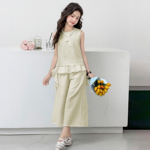 Ensemble élégant brodé sans manches avec pantalon large pour <span class=keywords><strong>grande</strong></span> fille – <span class=keywords><strong>Tenue</strong></span> décontractée estivale pour l'école et le quotidien - Product Image 2
