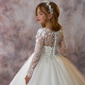 فساتين زفاف أنيقة للفتيات بائعات الزهور بأكمام طويلة وتصميم متلألئ، فستان طويل يصل إلى الأرض ومطرز بالترتر بأكمام طويلة وظهر مزين بالزهور - Product Image 3