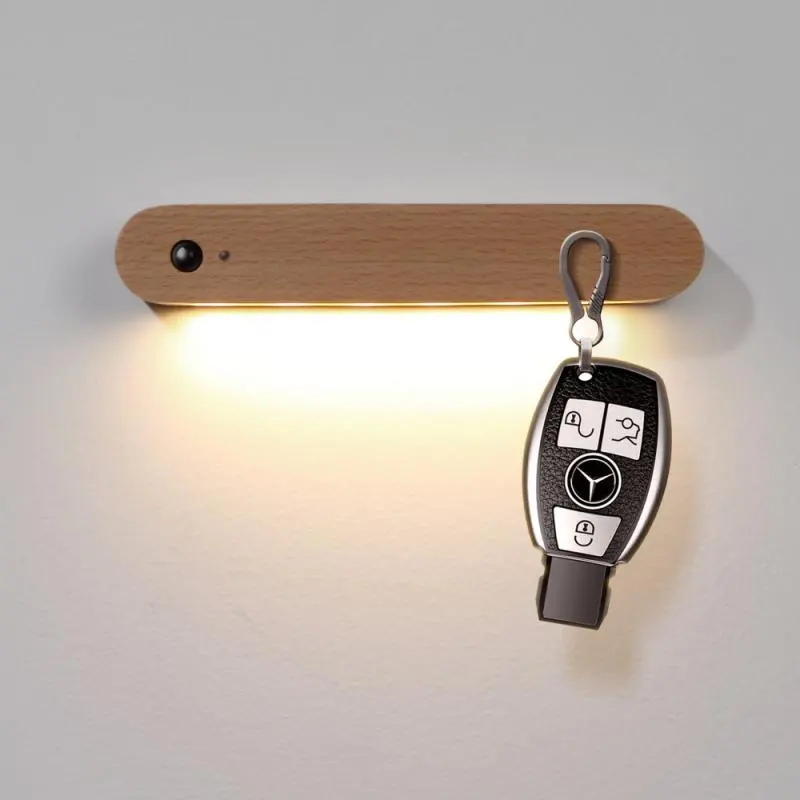 Ahşap LED sensörü gece lambası kablosuz manyetik anahtar tutucu asılı duvar lambası USB şarj edilebilir kabine duvar işık