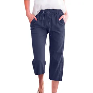 Kadınlar için kapri pantolonlar rahat 2024 yaz İpli elastik yüksek bel keten pantolon düz geniş bacak artı boyutu salonu Capris