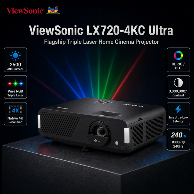ViewSonic LX720-4KC Ultra Tri-Color Laser Projector 4K HDR10 1.3X Optical Zoom Ideal for Gaming & Home Theater Proyector