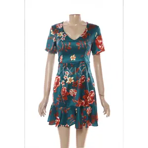 Wholesale Customs Clothes Summer Ladies Floral Printing Sexy V-neck Short Sleeve Ruffles Backless Woman Casual Dress
