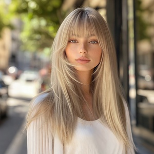 Peluca Afro Popular de Moda 360 con <span class=keywords><strong>Flequillo</strong></span> Completo, Peluca Larga y Lisa de Seda Resistente al Calor, Color Marrón, SM7828 - Product Image 6