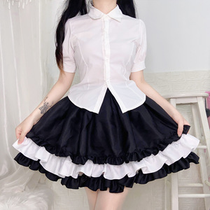 Lolita Maid <b>Skirt</b> Women Black <b>White</b> Layered <b>Ruffle</b> Satin Elastic Waist <b>Mini</b> <b>Skirt</b> Princess Style Dress - Product Image 2