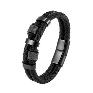 Stainless Steel Charm Magnetic Clasp Vintage Bangles Double Row black Brown Braided Genuine Leather Men Bracelets