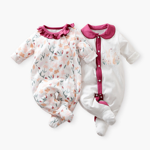 <span class=keywords><strong>Pigiama</strong></span> per Neonata in Cotone Pettinato con Logo Personalizzato OEM, Tutina con Piedini, Stampa Floreale ad Acquerello e Coniglietto - Product Image 1