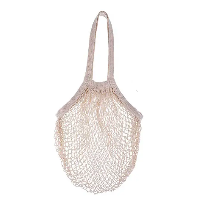 Nature Beige Organic Cotton Reusable Mesh Net Handle Shopping Bags Produce Bags Grocery Bags with handle For vegetable and Fruit