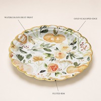 Assiettes en papier à motif floral pêche, bord festonné doré aquarelle, assiettes rondes jetables pour fête