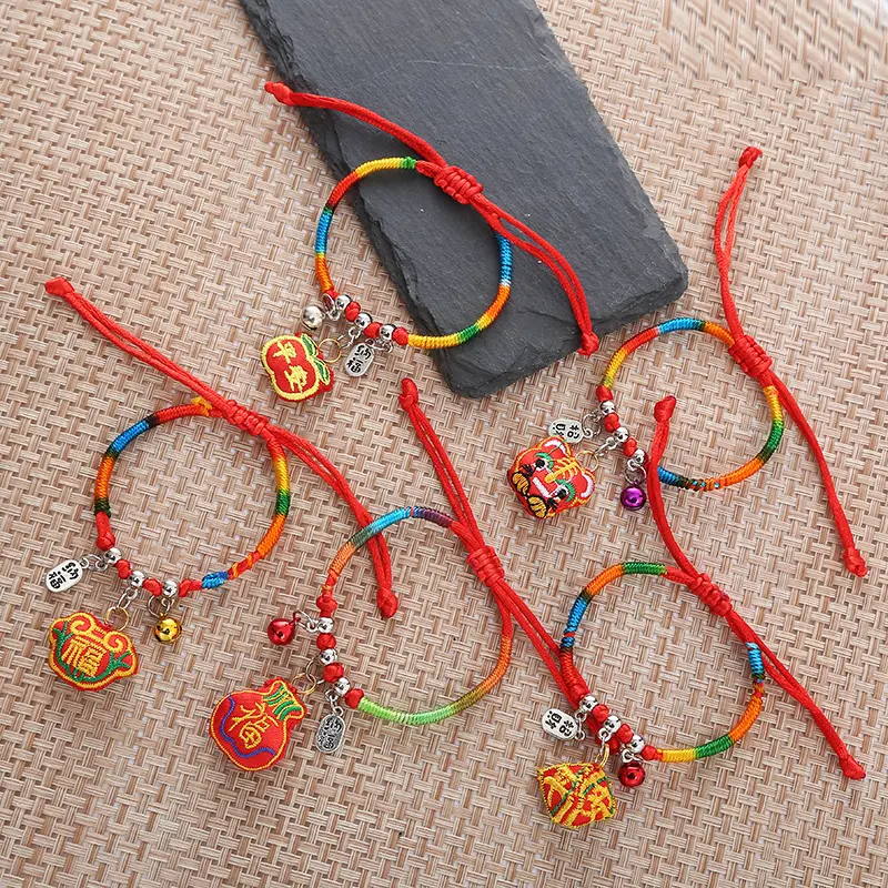 Gelang tenun garis warna-warni gaya nasional gelang liontin hewan lucu pasangan Festival pesona untuk Gelang