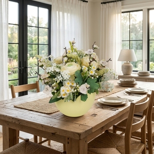 <span class=keywords><strong>Bouquet</strong></span> <span class=keywords><strong>de</strong></span> fleurs sauvages artificielles en crème et blanc, marguerites et ranunculus, ensemble floral artificiel blanc mélangé avec vase ovale jaune pâle mat - Product Image 2