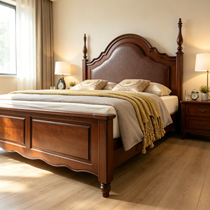 New Arrival Arched Brown Leather Upholstered Four Poster Solid Wood Bed with Carved Leg Nightstands - Product Image 3