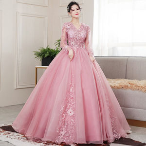 V Neck Ball Gown Dress With Floral Embroidery Pink Long Evening Dress For Women Empire Waistline Full Skirt Formal Wear - Product Image 1