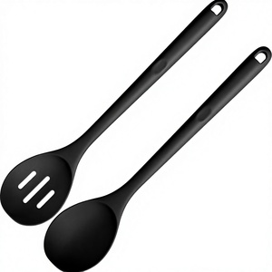 600F Heat Resistant Silicone Spoons <b>Set</b> 2 13.3in Solid Slotted Nonstick Long Rubber Utensil Dishwasher Oven/<b>Microwave</b> Safe - Product Image 3