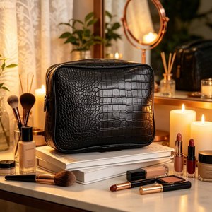 Pochette cosmétique personnalisée en cuir PU de luxe à texture crocodile, sac à maquillage zippé en cuir végétalien, pochette de boutique - Product Image 3