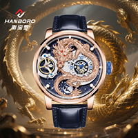 Montre automatique HANBORO 3D squelette de dragon en or rose pour homme, cadran ciel étoilé de luxe, bracelet en cuir premium, étanche, sculptée