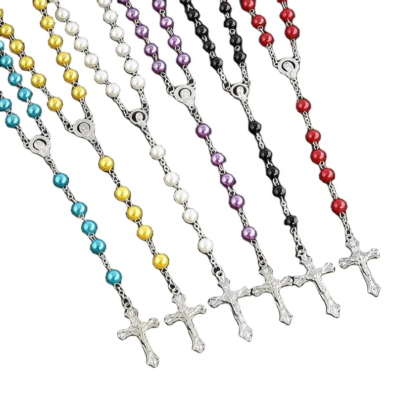 imitation pearl cheap long hot rosary colored women cute christian cross necklace