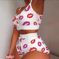 Ensemble de pyjama 2 pièces pour femmes, vêtements de nuit sexy en dentelle imprimée, vêtements de maison de luxe pour femmes