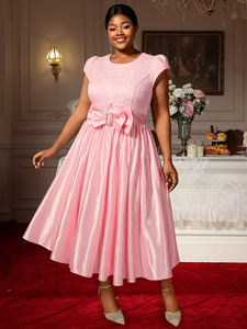 <span class=keywords><strong>Robe</strong></span> midi décontractée <span class=keywords><strong>rose</strong></span> en satin patchwork jacquard à manches courtes et grand nœud élégant AM050606, <span class=keywords><strong>taille</strong></span> plus - Product Image 2