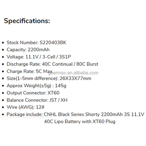 CNHL 블랙 시리즈 쇼티 2200mAh <span class=keywords><strong>3S</strong></span> <span class=keywords><strong>11.1V</strong></span> 40C <span class=keywords><strong>Lipo</strong></span> 배터리 (XT60 플러그 UAV 부품 포함) 3 셀 3S1P 80C 버스트 드론 부품 - Product Image 2