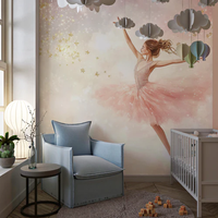 Papier peint personnalisé pour chambre d'enfant, motif ballerine, non tissé, respirant, nuages roses et étoiles dorées, pour chambre de bébé et chambre d'enfant