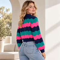 Pull court à manches longues en maille côtelée à rayures ondulées et blocs de couleur personnalisés, col polo boutonné, pour tenues décontractées féminines