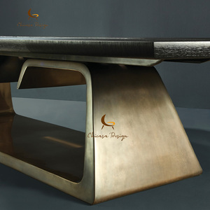Long Rectangular Solid Wood Dining Table <b>Tabletop</b> Hollow Trapezoidal Brass Metal Base Luxury Household - Product Image 2