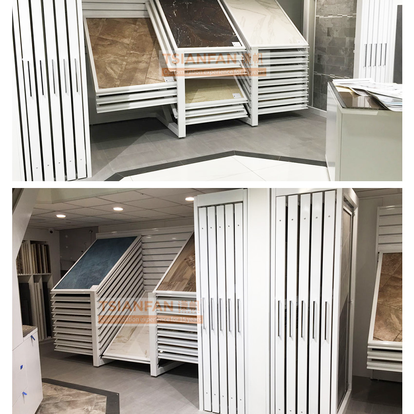 High quality tile sliding display frame quartz stone marble granite sintered stone showroom reclining ceramic tile display rack