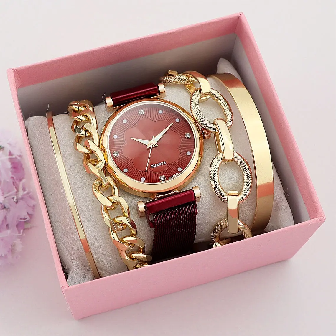 2023 New Women Ladies Fashion Luxury Quartz Magnet Buckle Watch Bracelet 5 Set Wristwatch With Gift Boxes