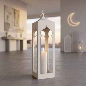 Lanternes à bougies en métal de forme mosquée, couleur blanche, dernières nouveautés des fabricants, pour la décoration des fêtes d'Iftar du Ramadan - Product Image 1