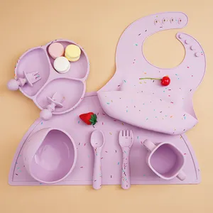 Custom Kids Dineren Trending Eco-Vriendelijke Spenen Kinderen Baby Servies Set Bib Kom Zuigplaat Siliconen Baby Voeding Set