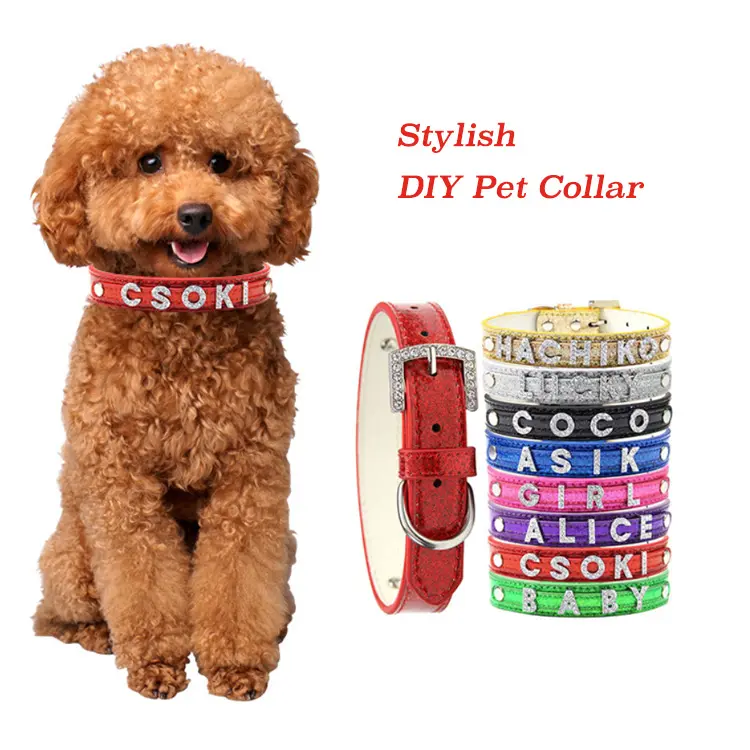 NEW Luxury Bling PU Leather Pet Jewelry Collar Rhinestone Letters Charms DIY Dog Collar Cat Adjustable Collar W/ diamante Buckle